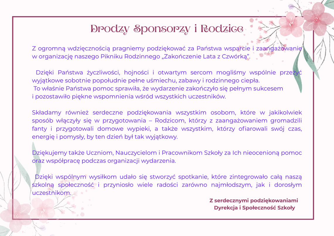 Podziękowania dla Rodziców i Sponsorów zaangażowanych w organizację pikniku szkolnego