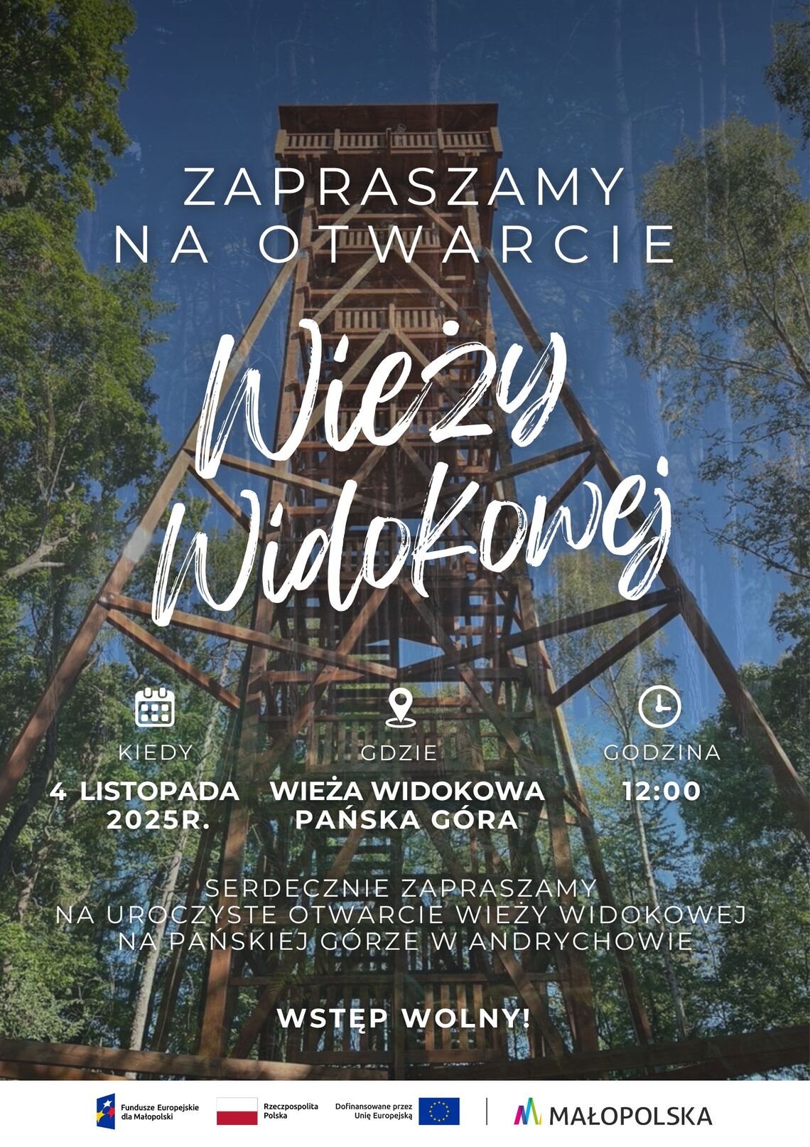 Zaproszenie na uroczyste otwarcie Wieży Widokowej na Pańskiej Górze 4 listopada