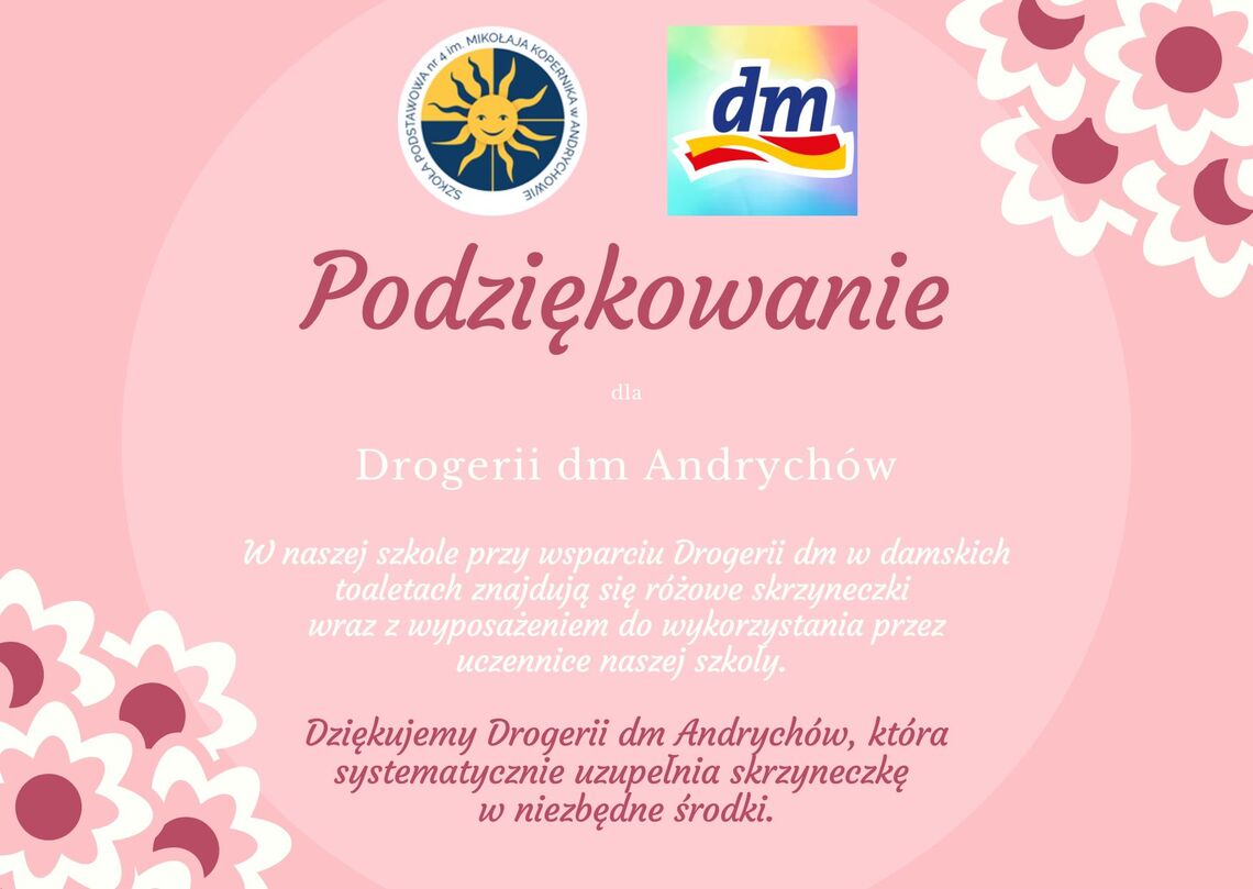 Podziękowanie dla Drogerii dm Andrychów