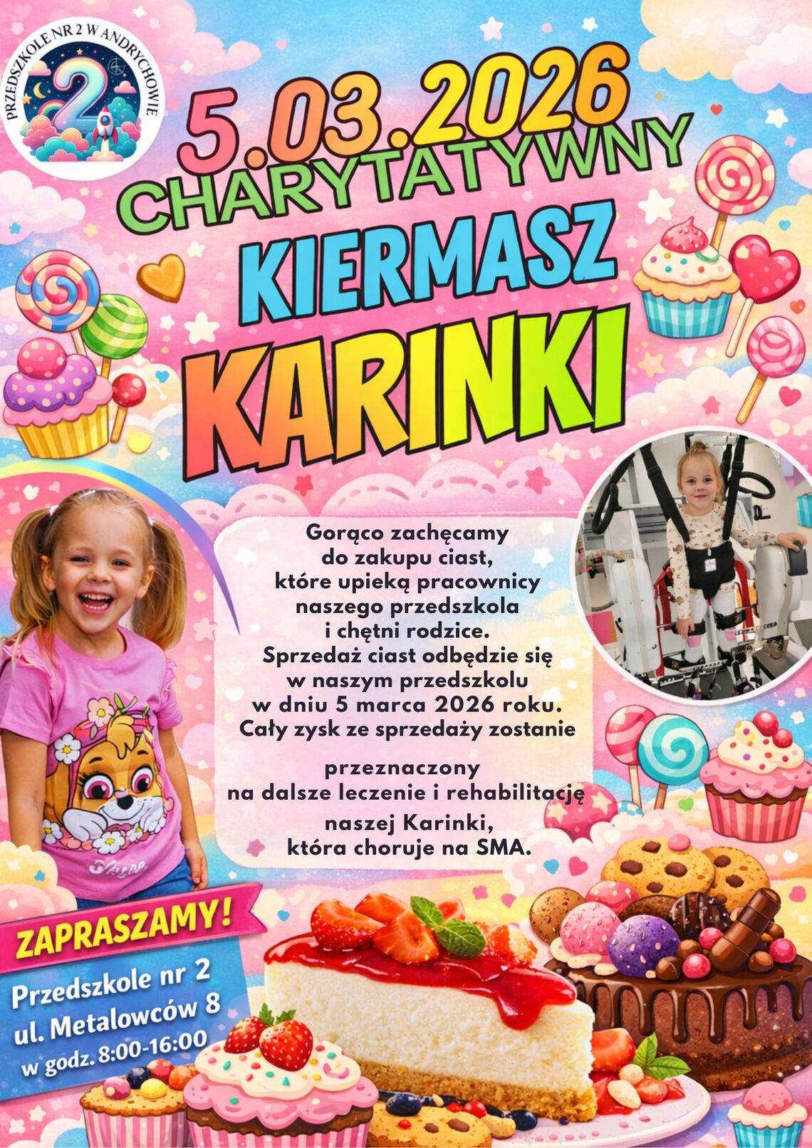 Przedszkole nr 2 w Andrychowie zaprasza na Charytatywny Kiermasz Ciast – Razem dla Karinki