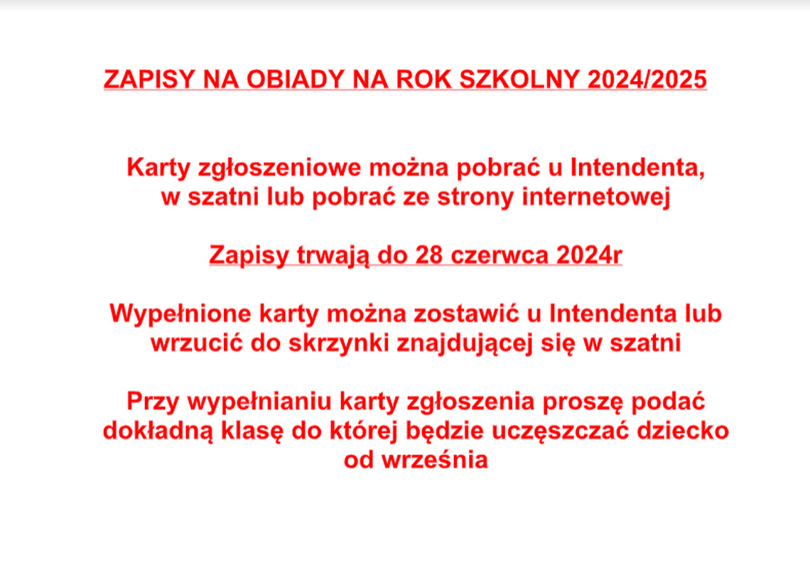ZAPISY NA OBIADY NA ROK SZKOLNY 2024/2025
