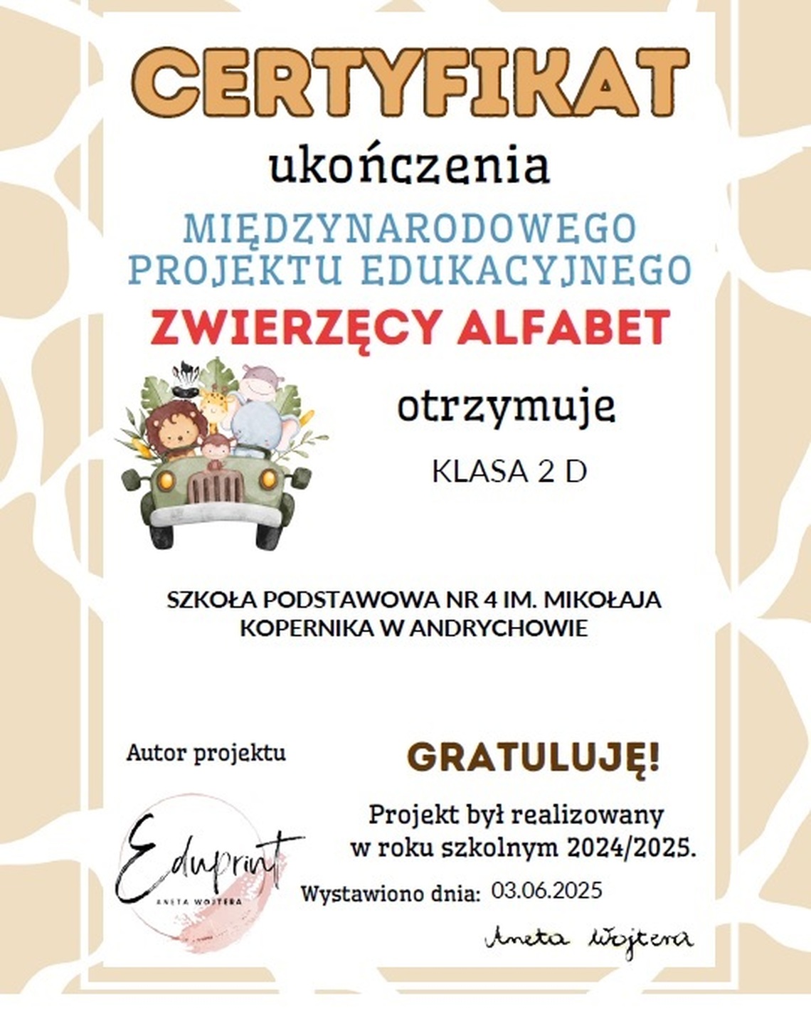 Sprawozdanie z realizacji projektu „Zwierzęcy alfabet”