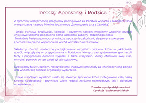 Podziękowania dla Rodziców i Sponsorów zaangażowanych w organizację pikniku szkolnego